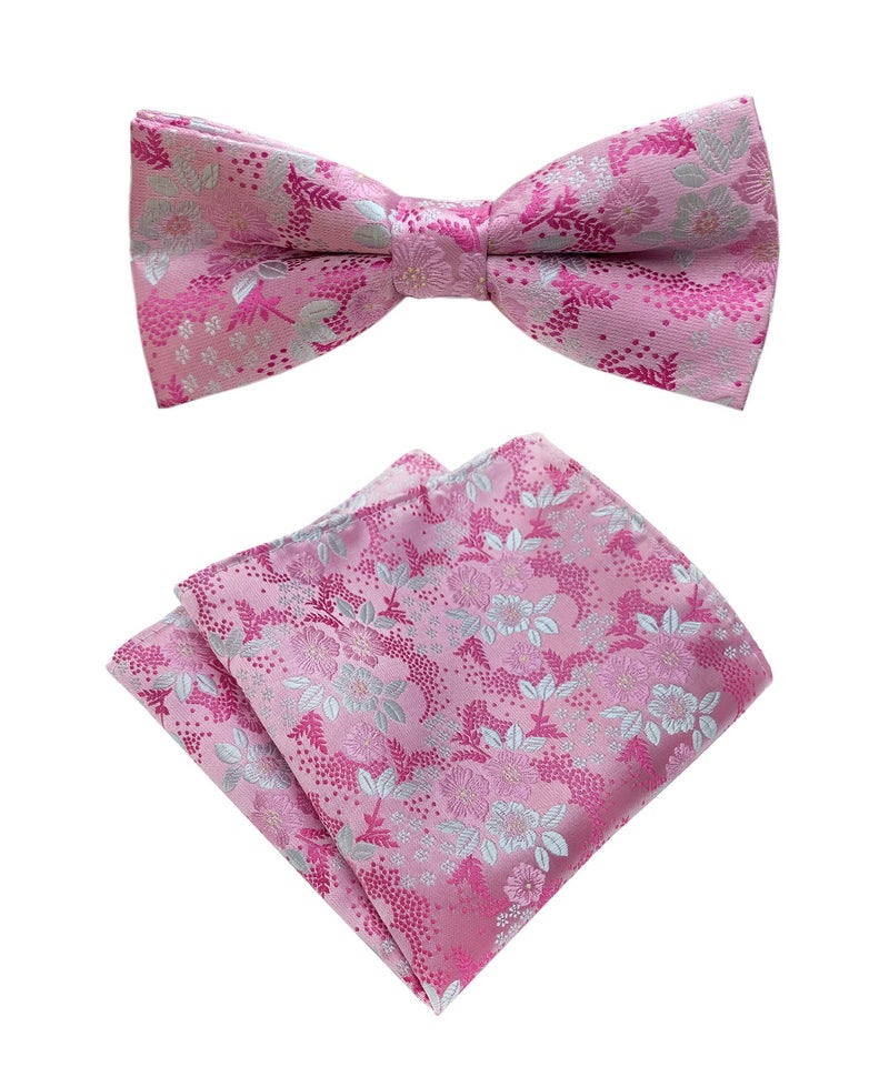 Elfeves Mens Women Boys Pink White Floral Jacquard Silk Bow Tie Pocket Square Set Formal Designer Self Necktie - Image 1
